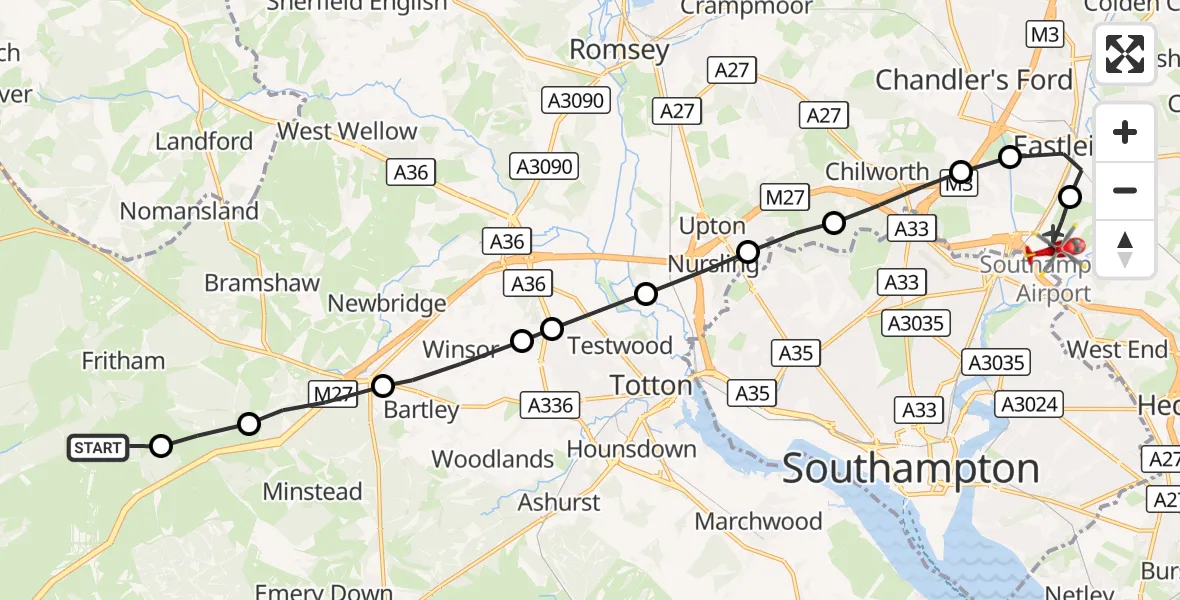 Flight route Air Ambulance Helicopter Minstead - Southampton Airport, 25 October 2026, 09:36