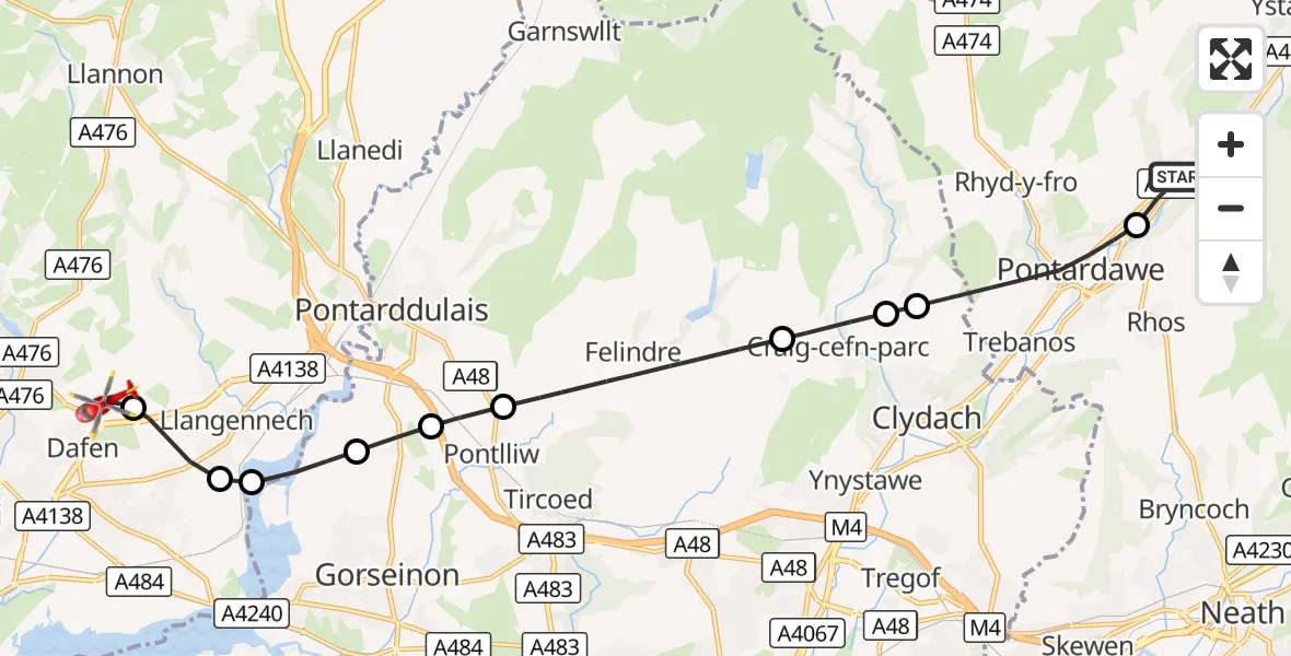 Flight route Air Ambulance Helicopter Ystalyfera - Dafen, 25 October 2026, 09:50