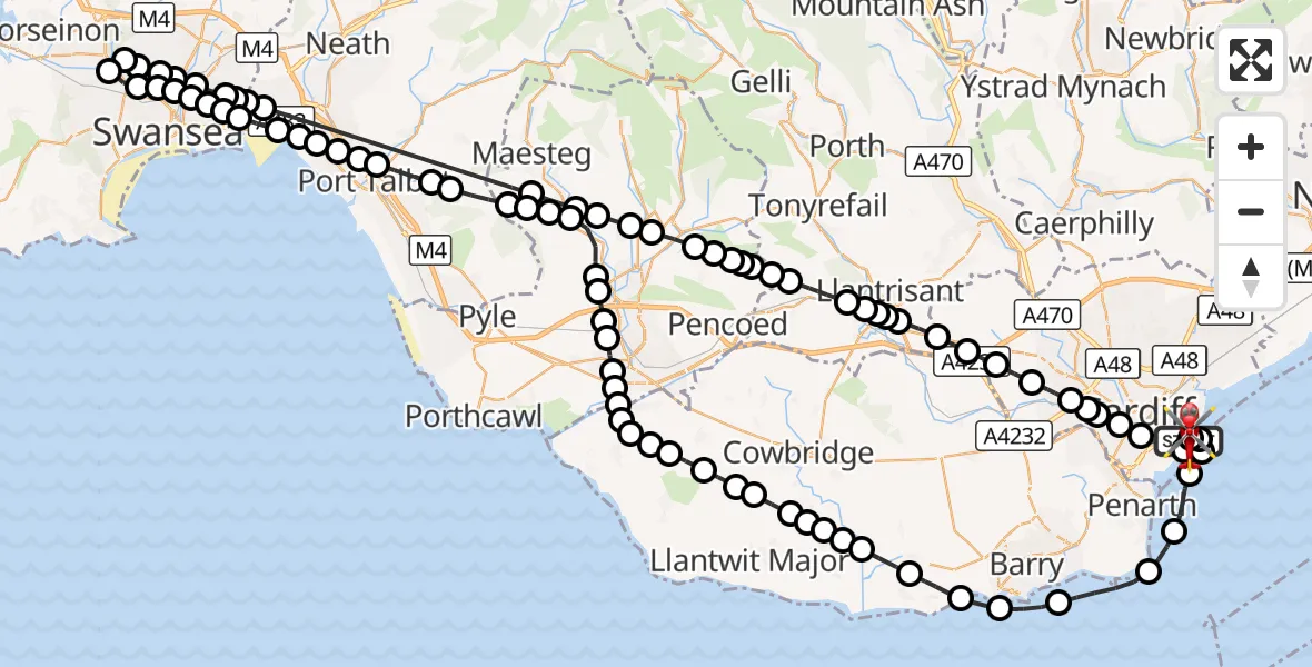 Flight route Air Ambulance Helicopter Cardiff Heliport - Cardiff Heliport, 25 October 2026, 09:51