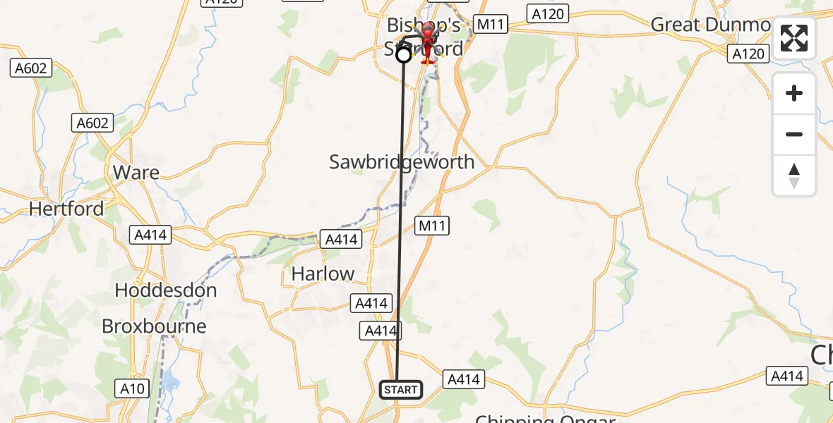 Flight route Air Ambulance Helicopter North Weald Airfield - Bishop's Stortford, 25 October 2026, 10:06