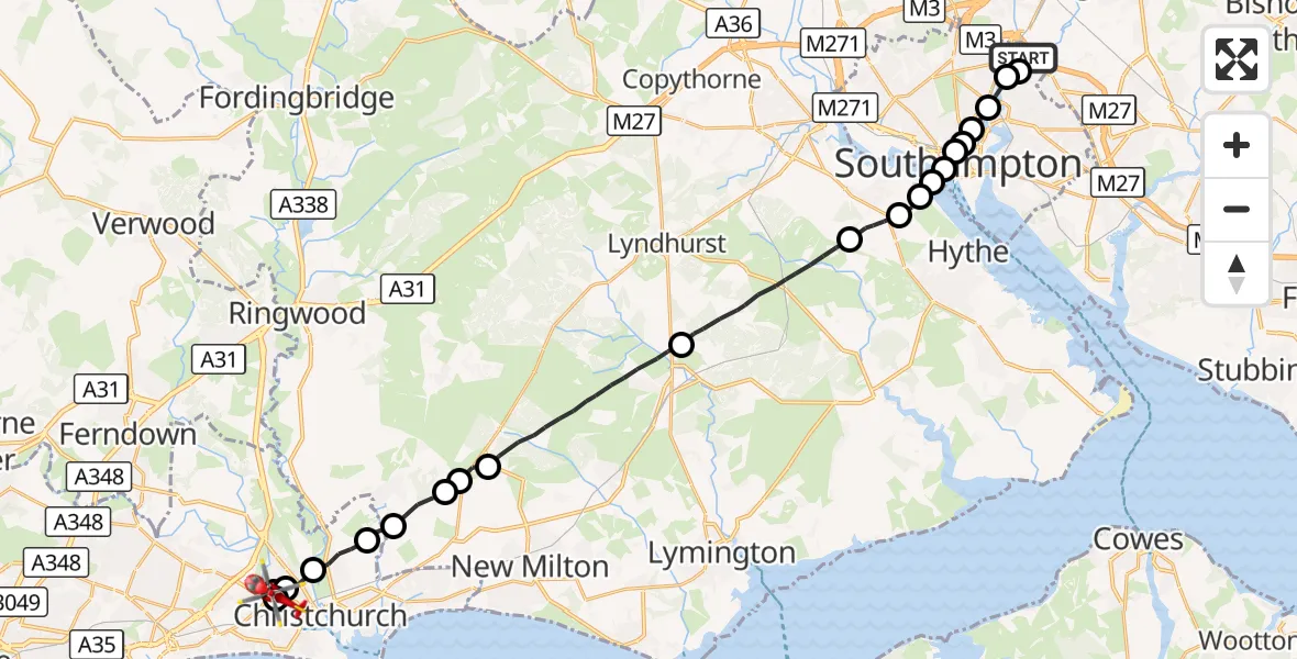 Flight route Air Ambulance Helicopter Southampton Airport - Bournemouth, 25 October 2026, 10:24