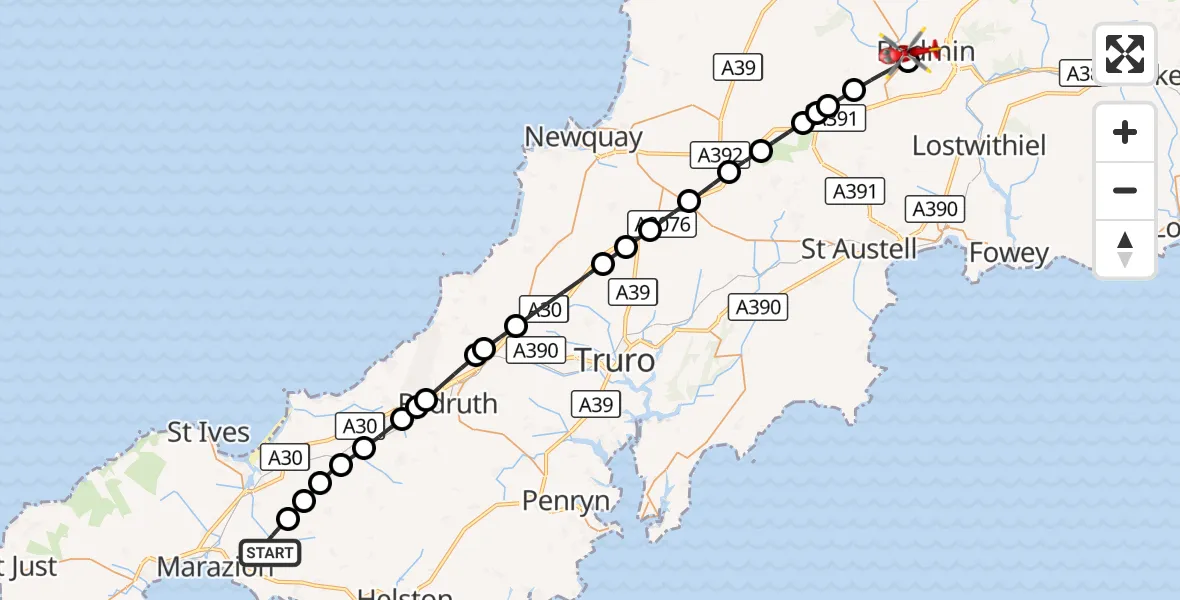 Flight route Air Ambulance Helicopter Relubbus - Bodmin, 25 October 2026, 10:34