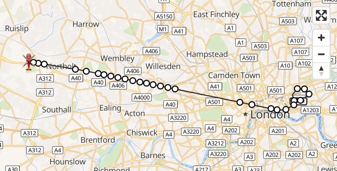 Flight route Air Ambulance Helicopter Royal London Hospital - RAF Northolt, 25 October 2026, 10:37