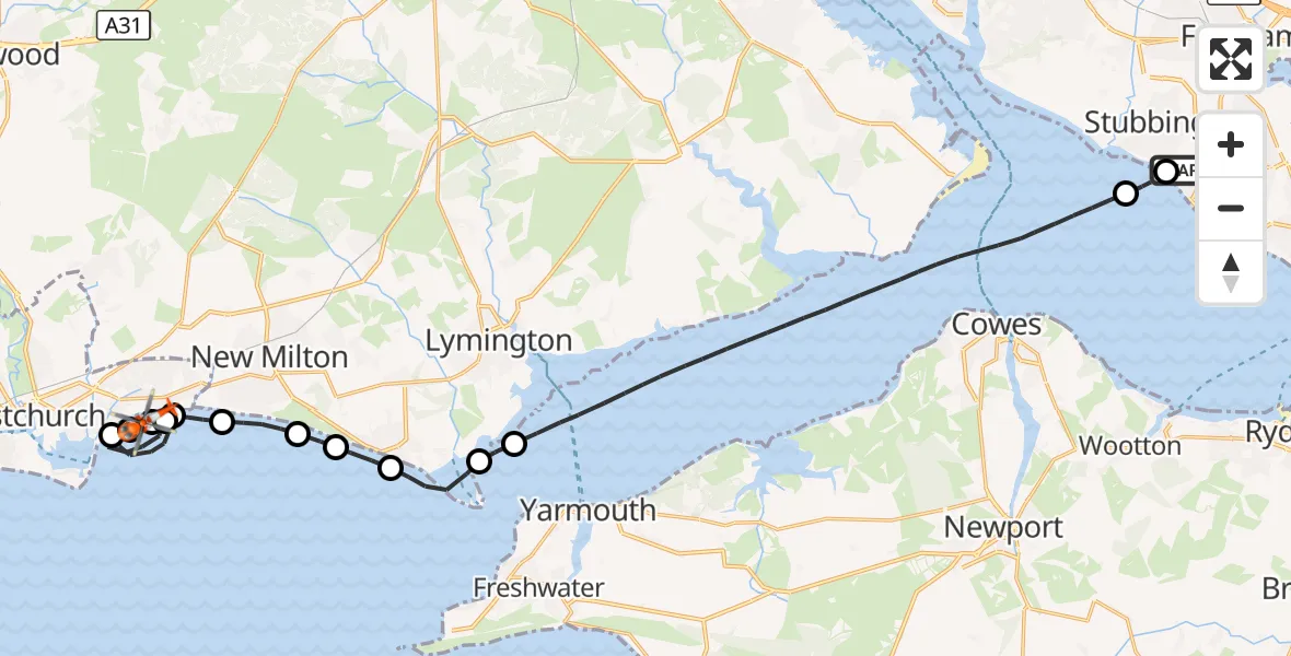 Flight route Coastguard Helicopter Solent Airport - Highcliffe-on-Sea, 25 October 2026, 10:39