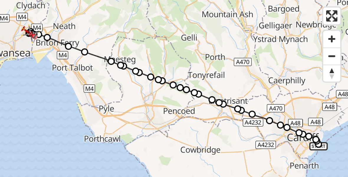 Flight route Air Ambulance Helicopter Cardiff Heliport - Pentredŵr, 25 October 2026, 10:54