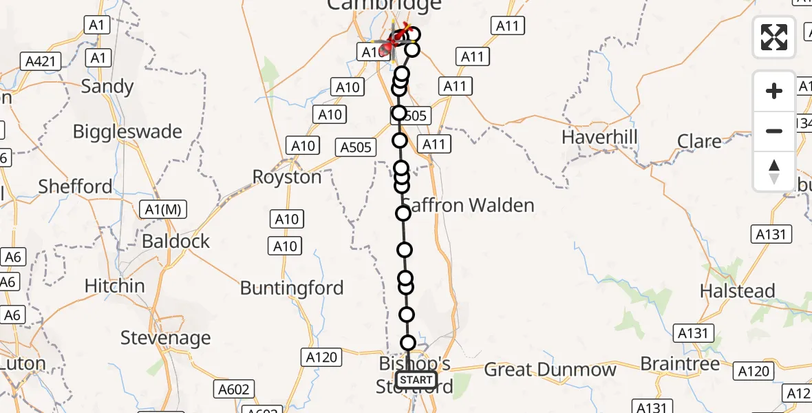 Flight route Air Ambulance Helicopter Bishop's Stortford - Papworth Hospital, 25 October 2026, 11:09
