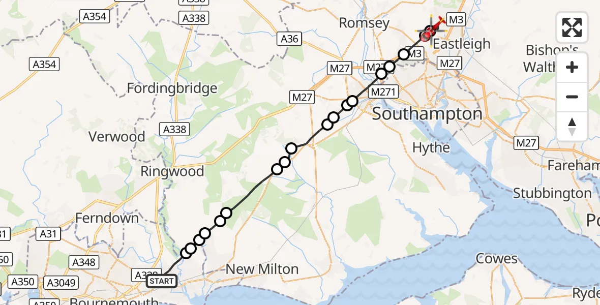Flight route Air Ambulance Helicopter Christchurch - Test Valley, 25 October 2026, 11:09