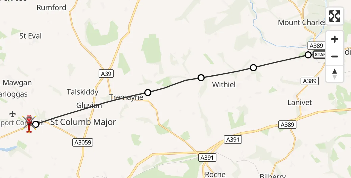 Flight route Air Ambulance Helicopter Bodmin - Cornwall Airport Newquay, 25 October 2026, 11:44