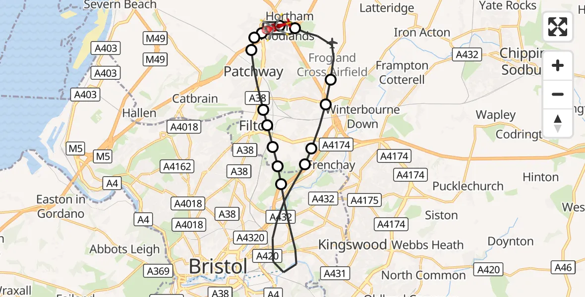 Flight route Air Ambulance Helicopter Almondsbury Helicopter Base - Almondsbury Helicopter Base, 25 October 2026, 12:18