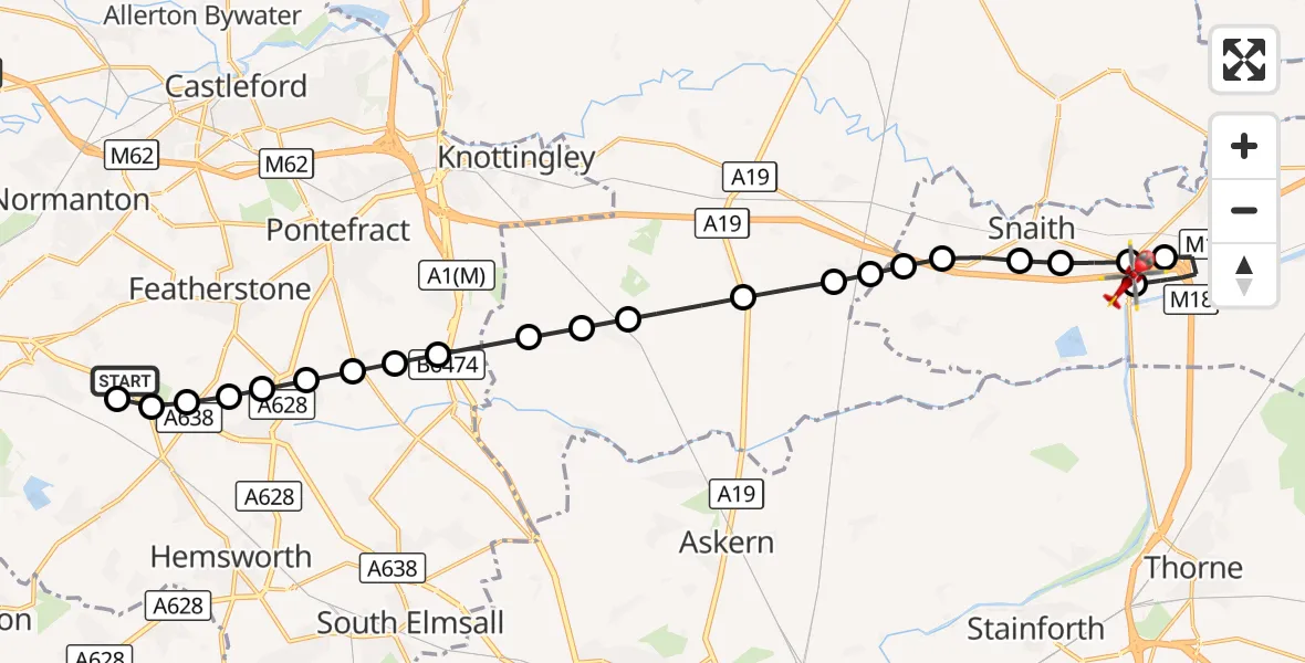 Flight route Air Ambulance Helicopter YAA Nostell Helicopter Port - East Cowick, 25 October 2026, 12:21