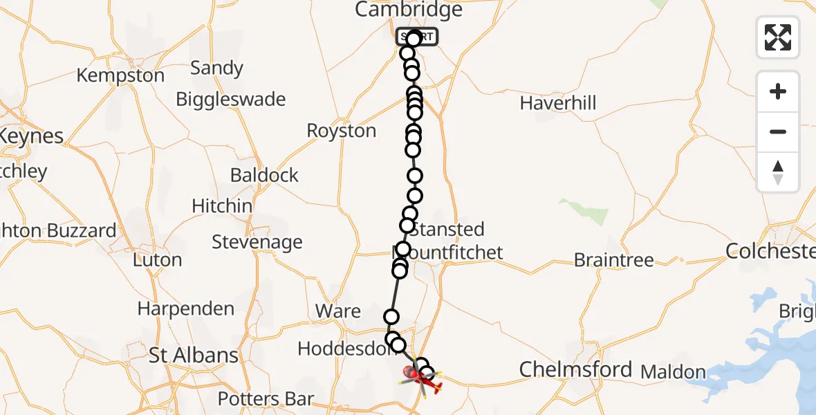 Flight route Air Ambulance Helicopter Papworth Hospital - North Weald Airfield, 25 October 2026, 12:22