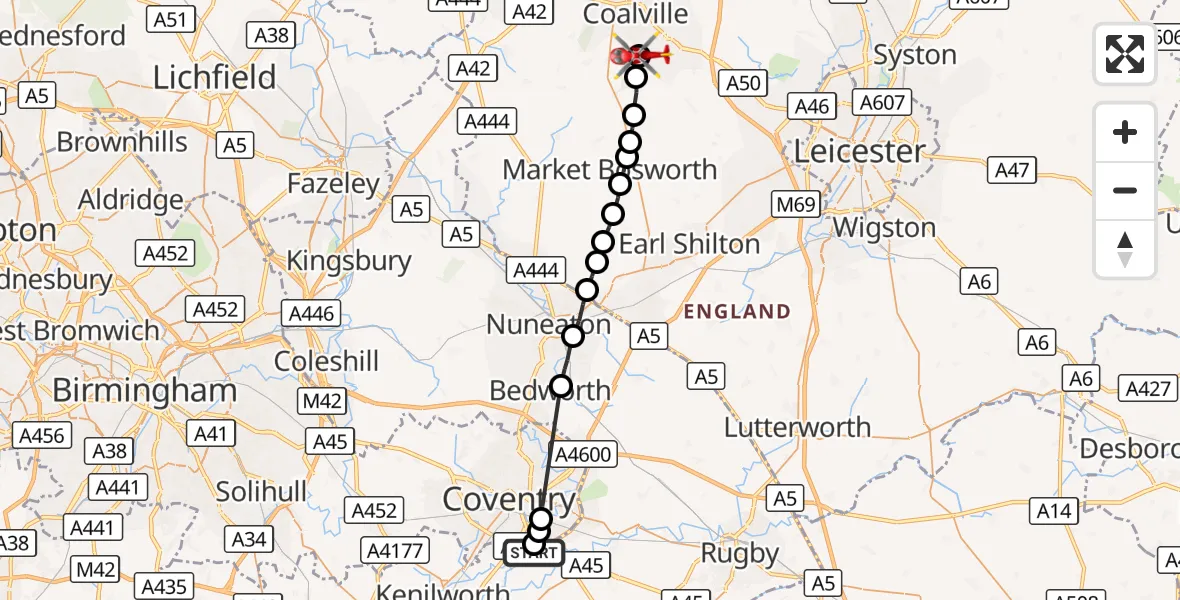 Flight route Air Ambulance Helicopter Coventry Airport - Ellistown, 25 October 2026, 12:32