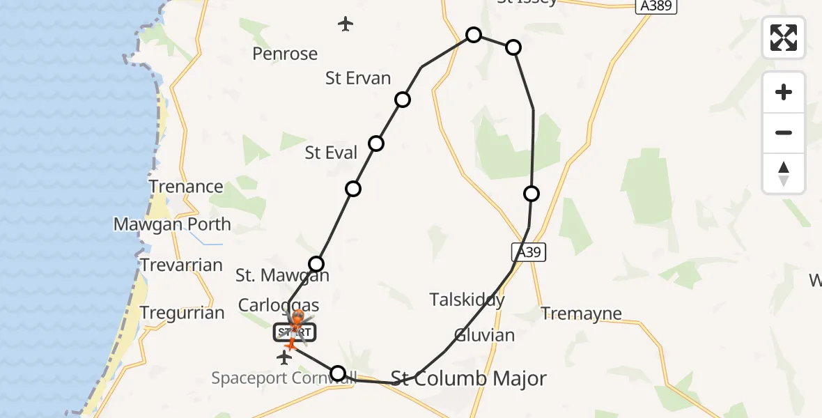 Flight route Coastguard Helicopter Cornwall Airport Newquay - Cornwall Airport Newquay, 25 October 2026, 12:36