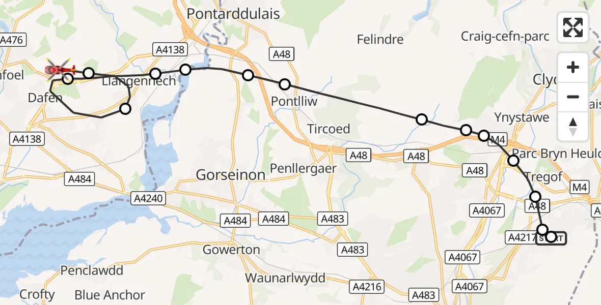 Flight route Air Ambulance Helicopter Llansamlet - Dafen, 25 October 2026, 12:39