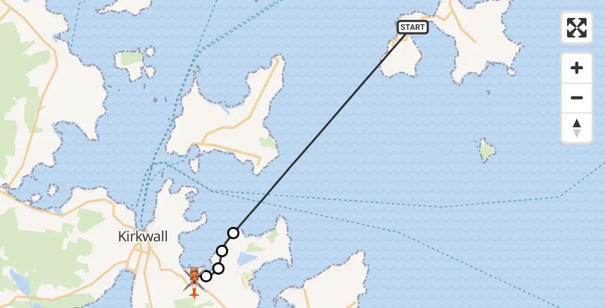 Flight route Coastguard Helicopter North Atlantic Ocean - Kirkwall Airport, 25 October 2026, 12:39