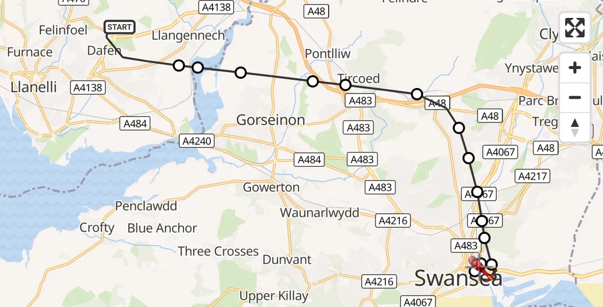 Flight route Air Ambulance Helicopter Dafen - St Thomas, 25 October 2026, 12:49