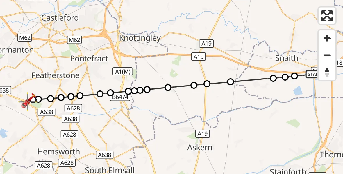 Flight route Air Ambulance Helicopter East Cowick - YAA Nostell Helicopter Port, 25 October 2026, 12:55