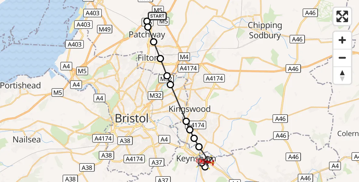 Flight route Air Ambulance Helicopter Almondsbury Helicopter Base - Keynsham, 25 October 2026, 13:03