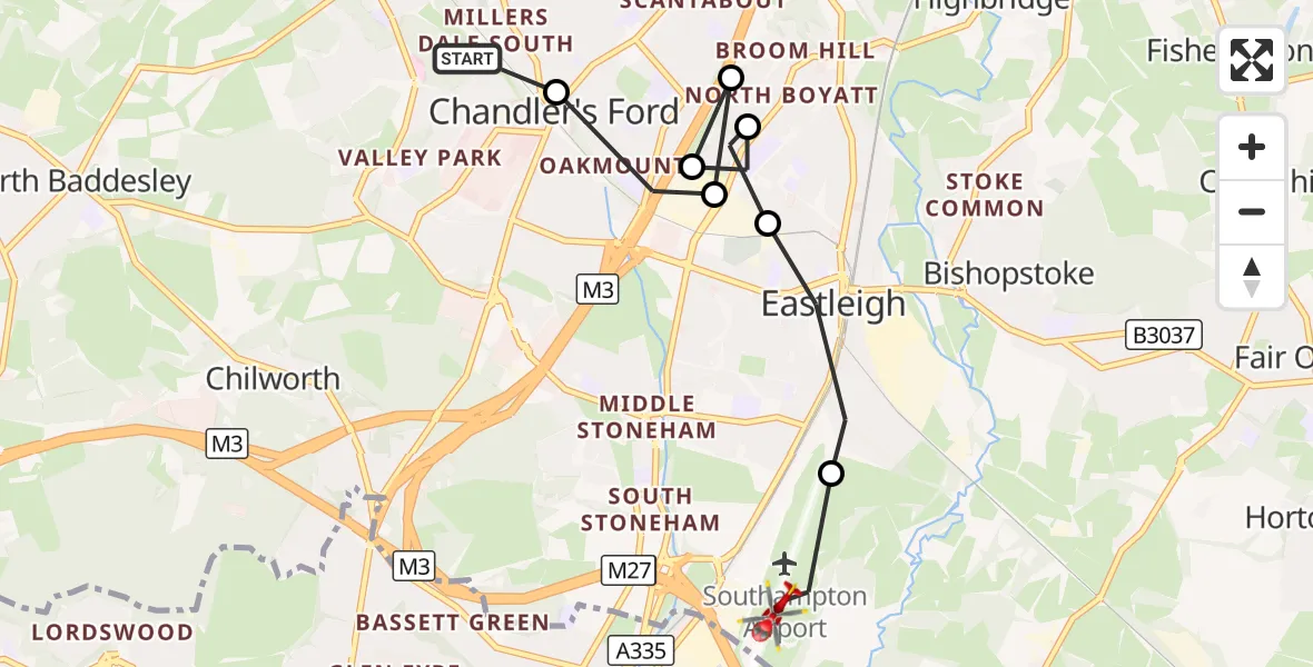 Flight route Air Ambulance Helicopter Test Valley - Southampton Airport, 25 October 2026, 13:05