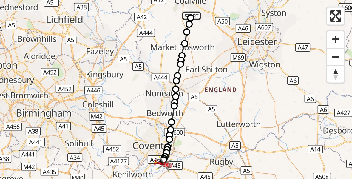 Flight route Air Ambulance Helicopter Ellistown - Coventry Airport, 25 October 2026, 13:08