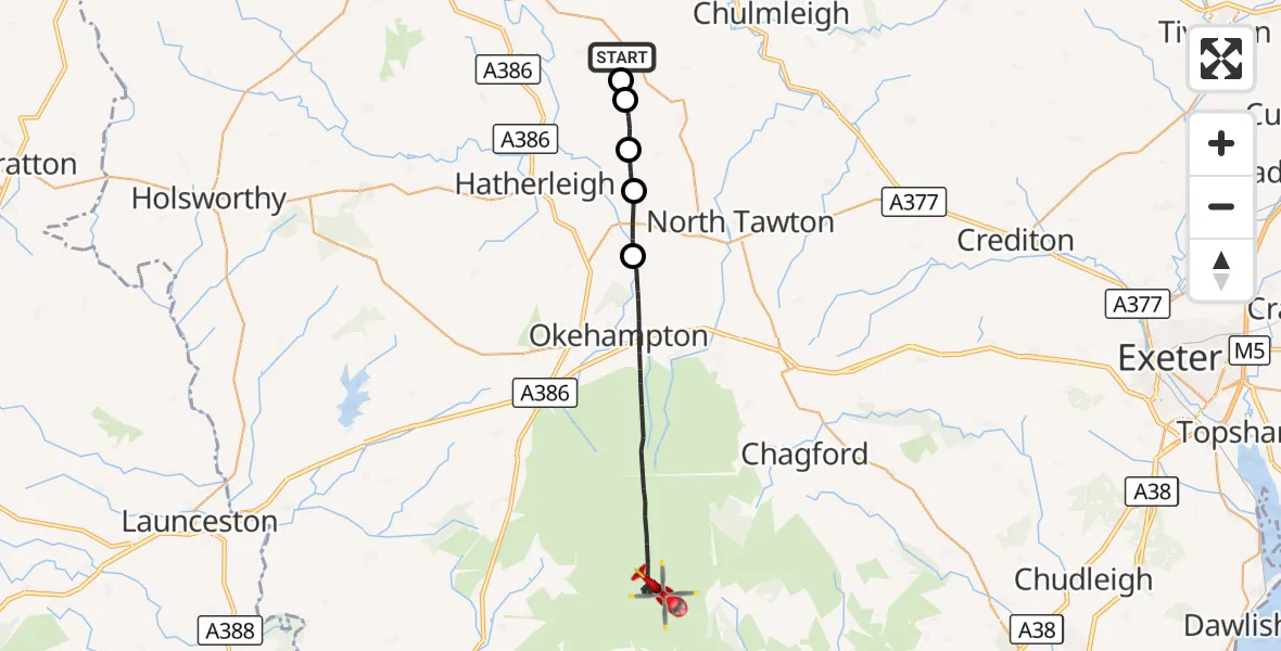 Flight route Air Ambulance Helicopter Dolton - West Devon, 25 October 2026, 13:21