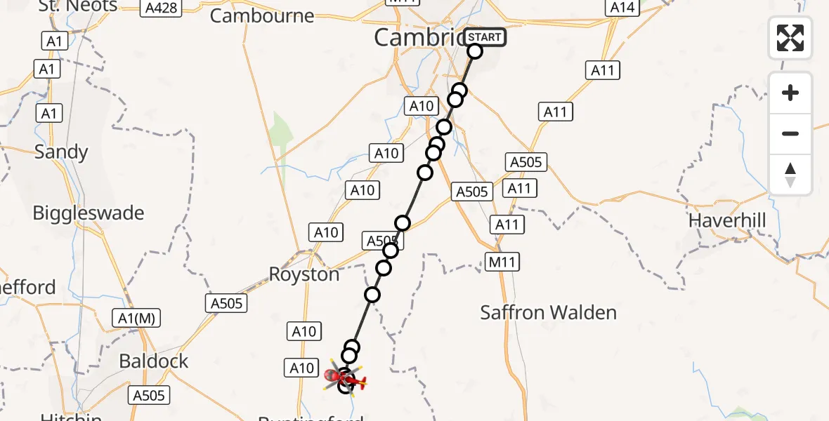 Flight route Air Ambulance Helicopter Cambridge City Airport - East Hertfordshire, 25 October 2026, 13:29