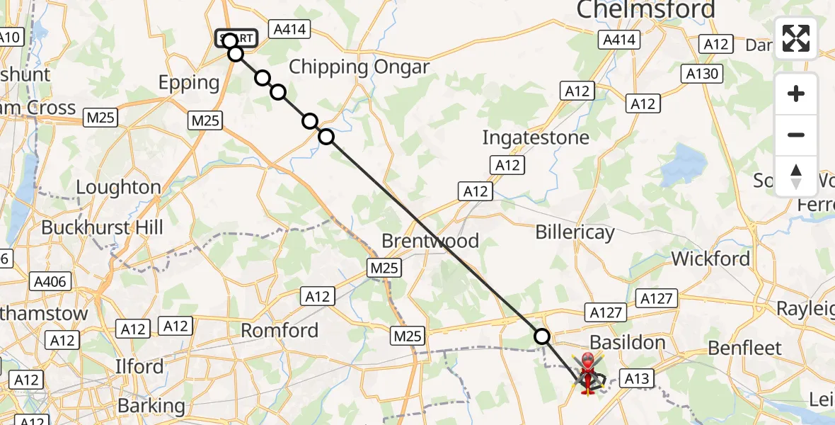Flight route Air Ambulance Helicopter North Weald Airfield - Basildon, 25 October 2026, 13:39