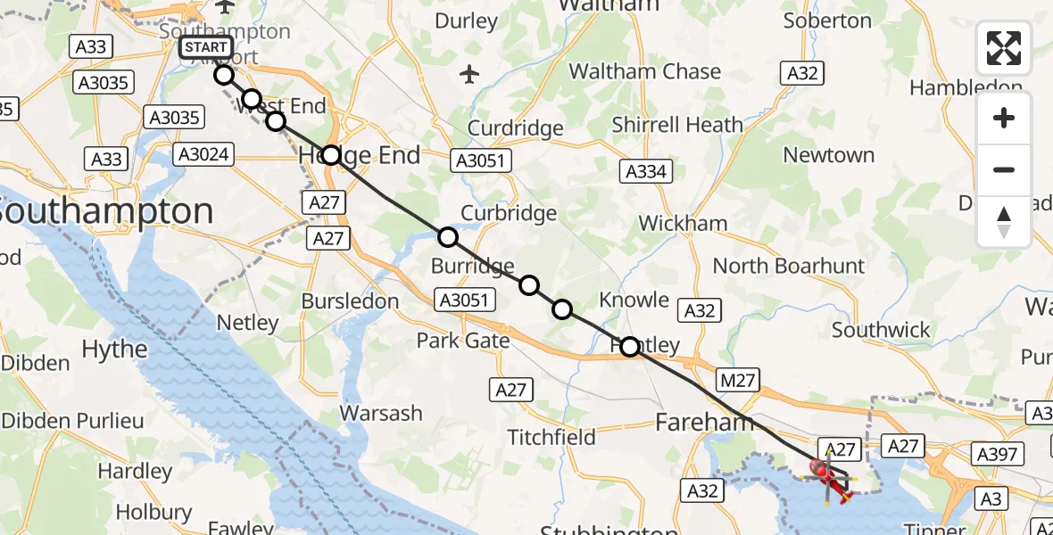 Flight route Air Ambulance Helicopter Southampton Airport - Fareham, 25 October 2026, 13:43