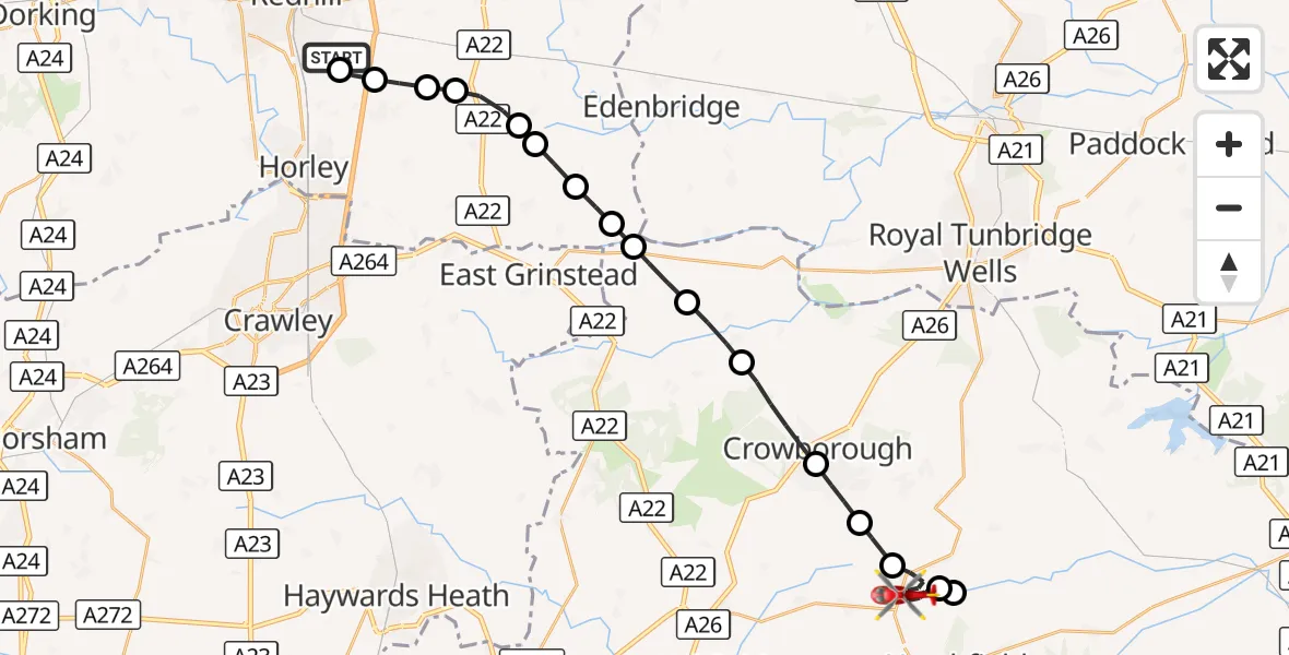 Flight route Air Ambulance Helicopter Redhill Aerodrome - Five Ashes, 25 October 2026, 13:51