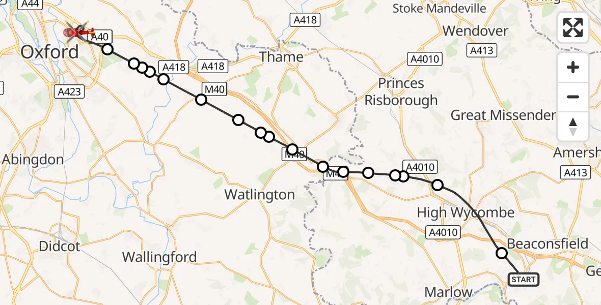 Flight route Air Ambulance Helicopter Wooburn Green - Oxford, 25 October 2026, 13:53