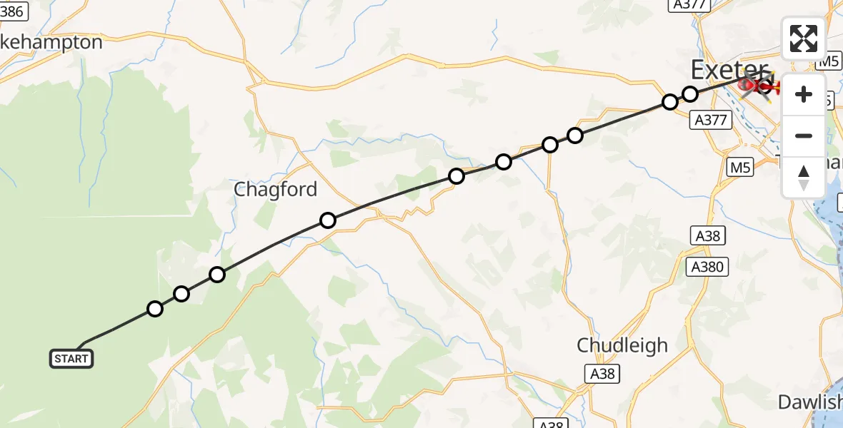 Flight route Air Ambulance Helicopter West Devon - Royal Devon & Exeter Hospital, 25 October 2026, 14:00