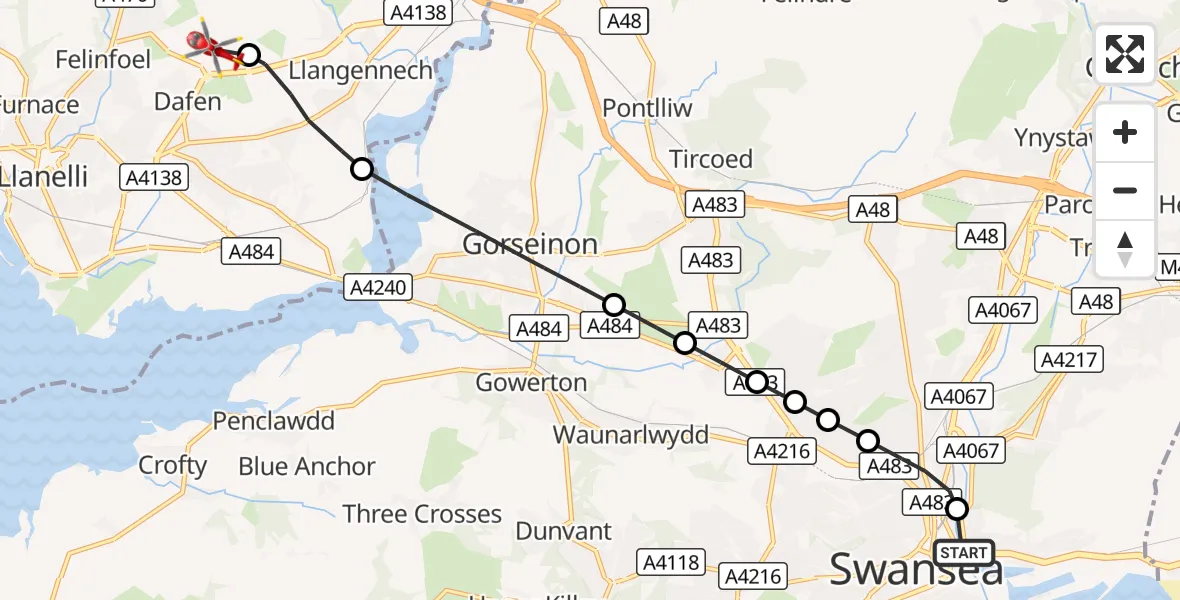 Flight route Air Ambulance Helicopter St Thomas - Dafen, 25 October 2026, 14:05