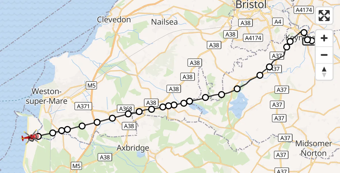 Flight route Air Ambulance Helicopter Bristol - Brean, 25 October 2026, 14:13