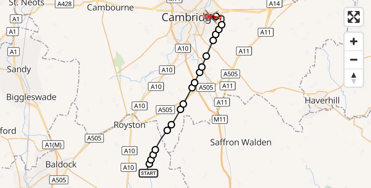 Flight route Air Ambulance Helicopter East Hertfordshire - Cambridge City Airport, 25 October 2026, 14:24