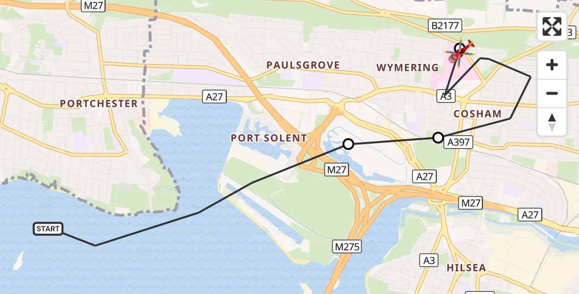 Flight route Air Ambulance Helicopter Fareham - Queen Alexandra Hospital, 25 October 2026, 14:26