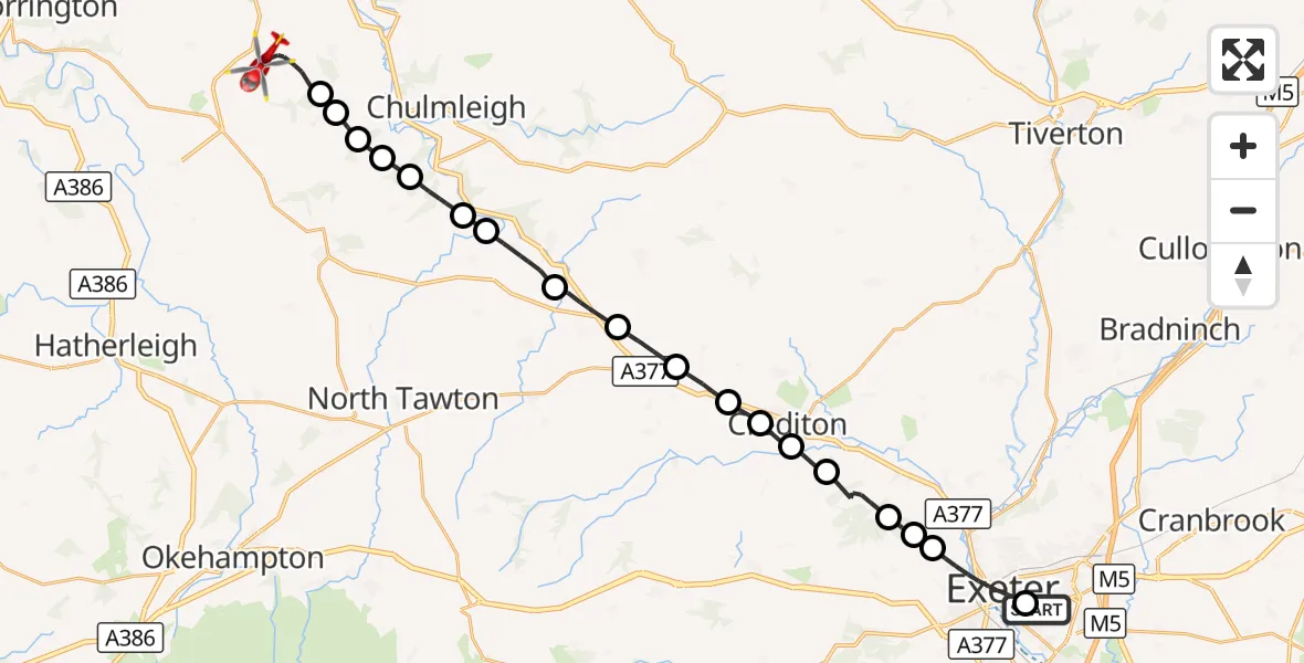 Flight route Air Ambulance Helicopter Royal Devon & Exeter Hospital - Burrington, 25 October 2026, 14:28