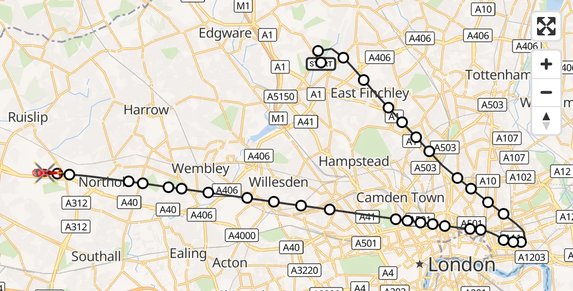 Flight route Air Ambulance Helicopter West Finchley - RAF Northolt, 25 October 2026, 14:35