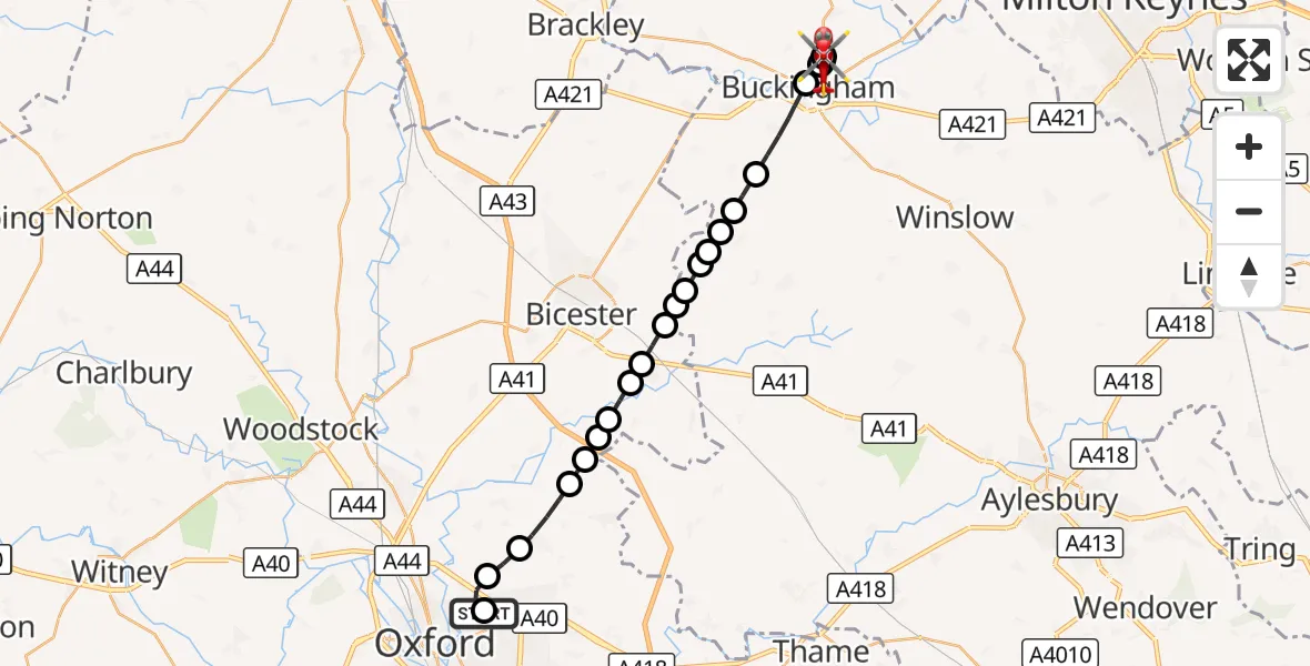 Flight route Air Ambulance Helicopter John Radcliffe Hospital - Maids Moreton, 25 October 2026, 14:54