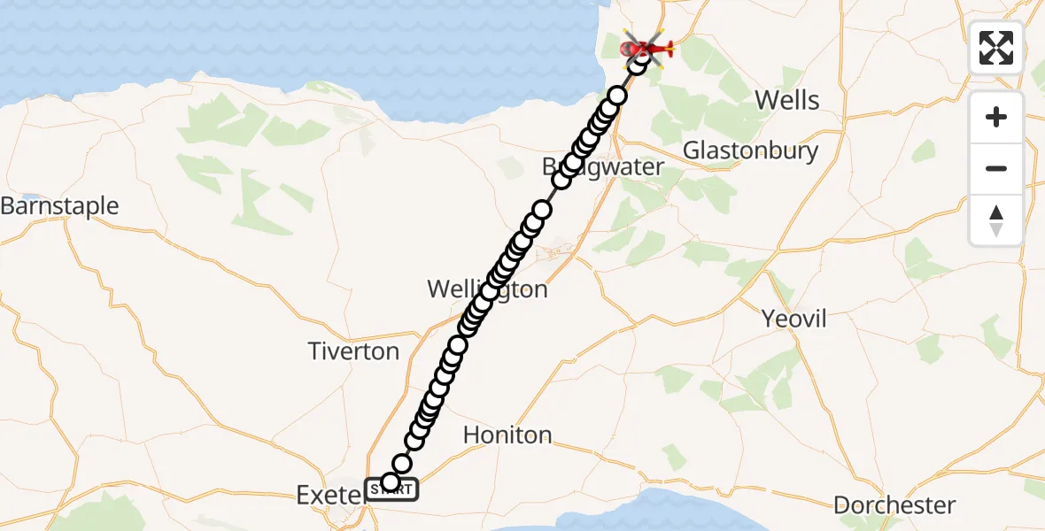 Flight route Air Ambulance Helicopter Exeter International Airport - Rooksbridge, 25 October 2026, 15:02