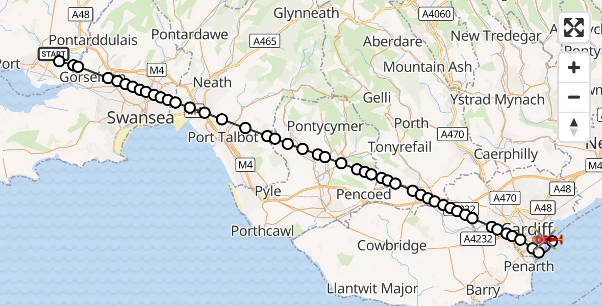Flight route Air Ambulance Helicopter Dafen - Cardiff Heliport, 25 October 2026, 15:03
