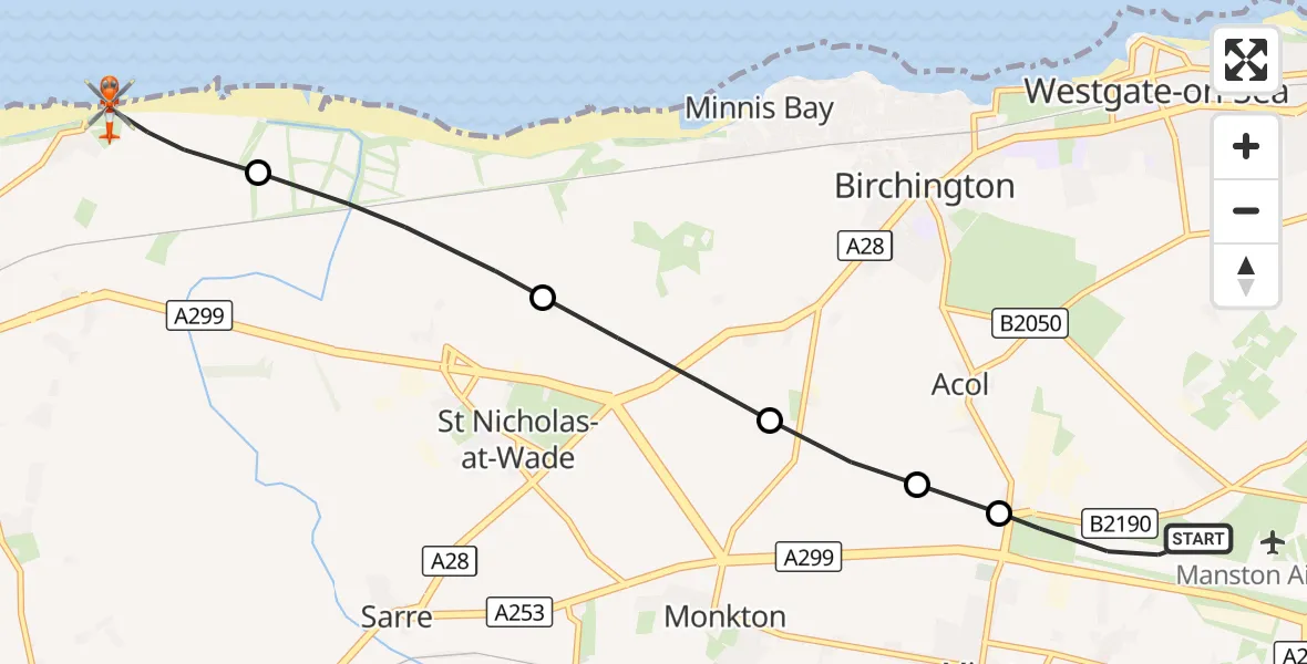Flight route Coastguard Helicopter Manston Airport - Canterbury, 25 October 2026, 15:03
