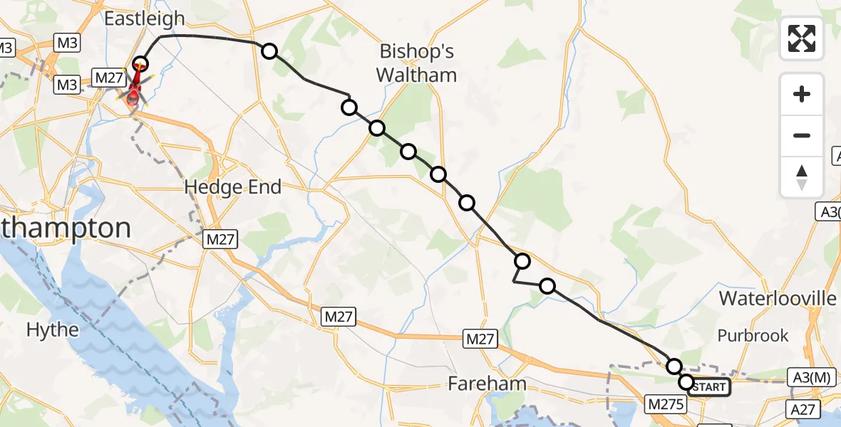 Flight route Air Ambulance Helicopter Queen Alexandra Hospital - Southampton Airport, 25 October 2026, 15:06