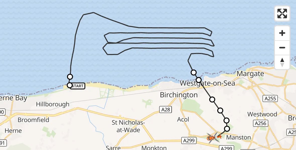 Flight route Coastguard Helicopter Canterbury - Manston Airport, 25 October 2026, 15:11