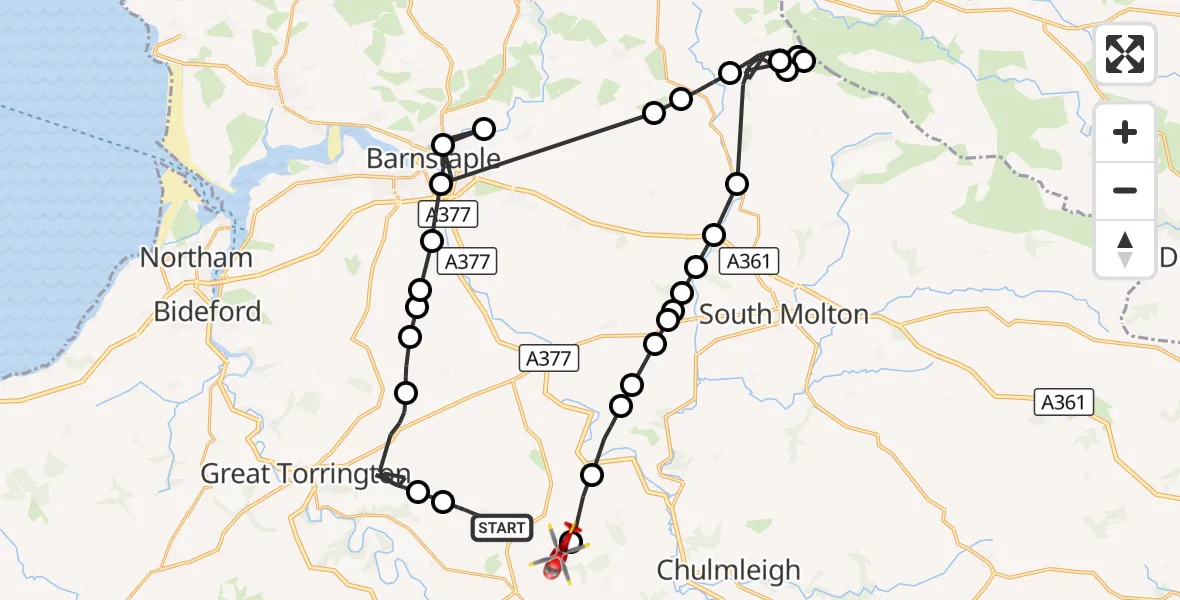 Flight route Air Ambulance Helicopter Roborough - Riddlecombe, 25 October 2026, 15:25