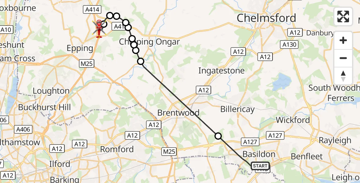 Flight route Air Ambulance Helicopter Basildon - North Weald Airfield, 25 October 2026, 15:38