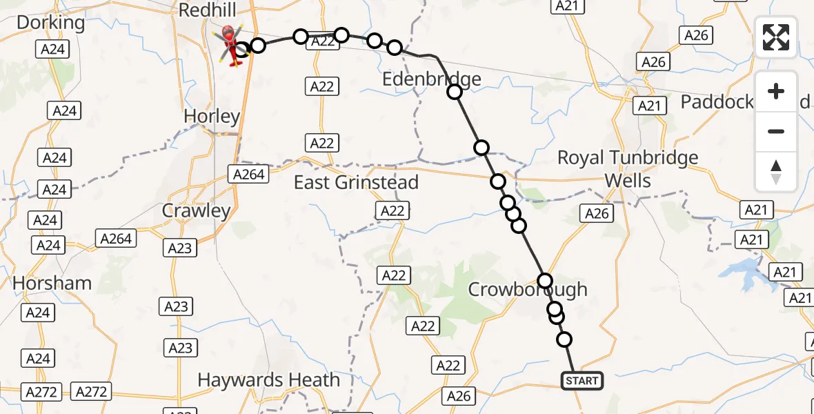 Flight route Air Ambulance Helicopter Five Ashes - Redhill Aerodrome, 25 October 2026, 15:45
