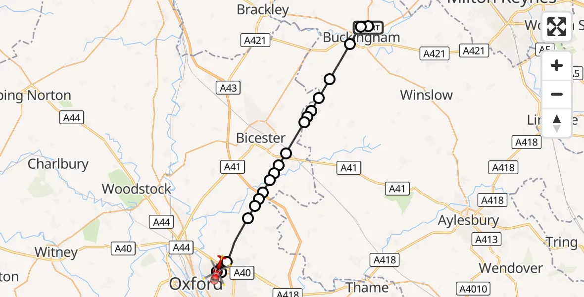 Flight route Air Ambulance Helicopter Buckingham - Oxford, 25 October 2026, 15:48