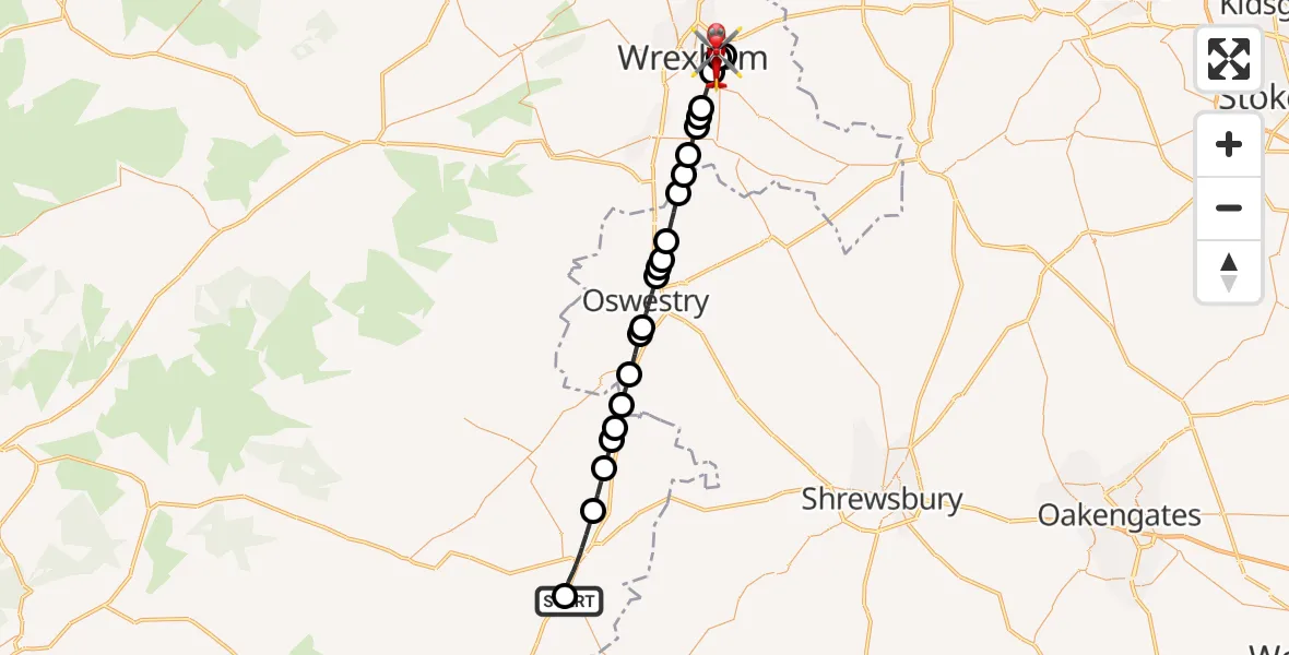 Flight route Air Ambulance Helicopter Welshpool Airport - Caia Park, 25 October 2026, 15:52