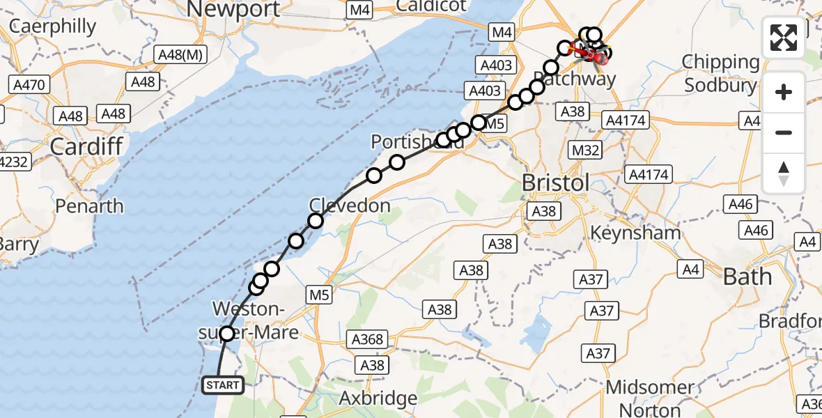 Flight route Air Ambulance Helicopter Brean - Almondsbury Helicopter Base, 25 October 2026, 15:52