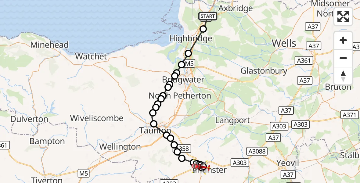 Flight route Air Ambulance Helicopter Rooksbridge - Ilminster, 25 October 2026, 16:04